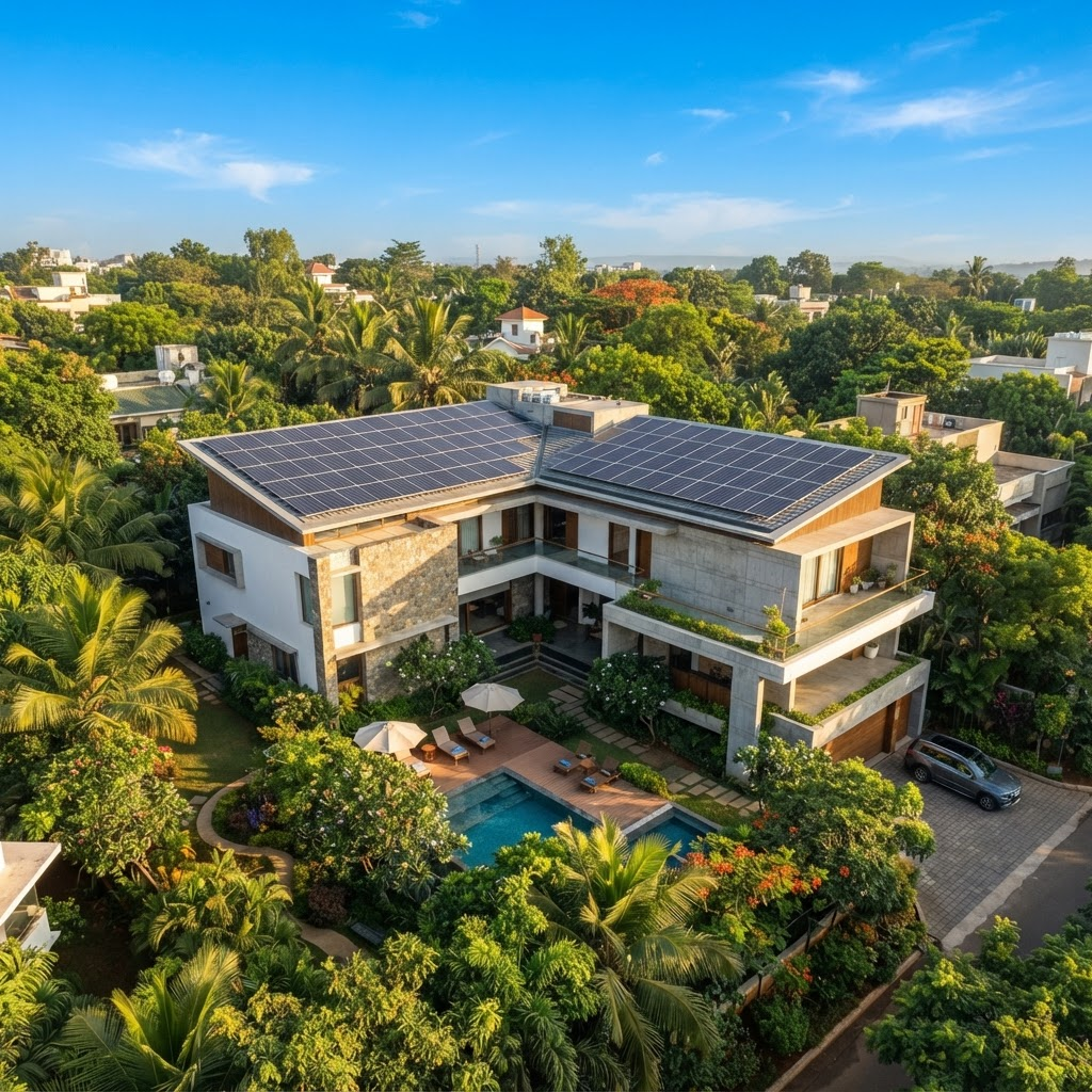 Solar panels installed on the rooftop of a modern Indian home